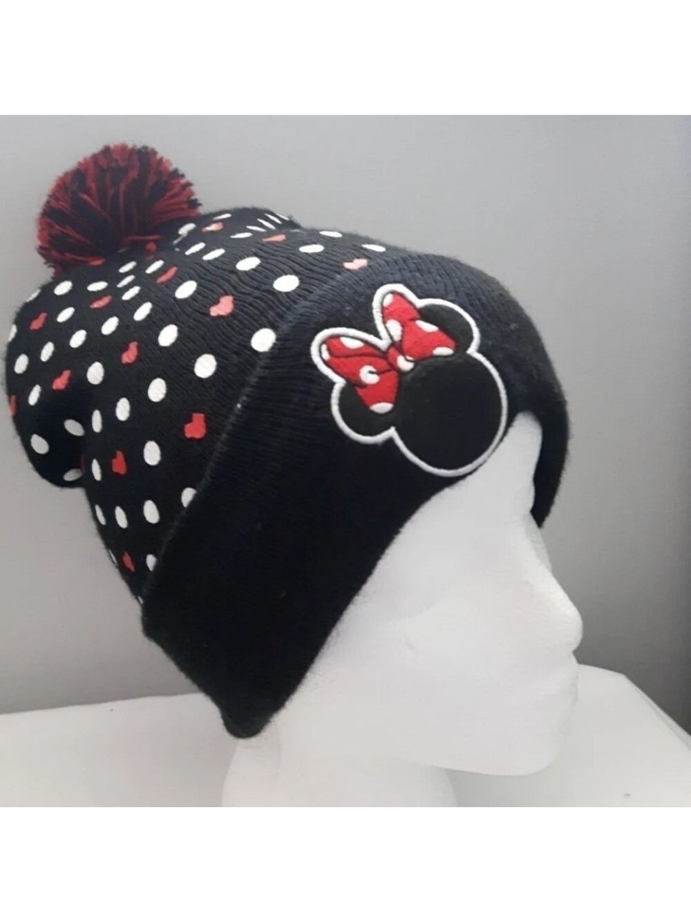 DISNEY MINNIE MOUSE toque HAT with pom pom polka dot hearts one size New